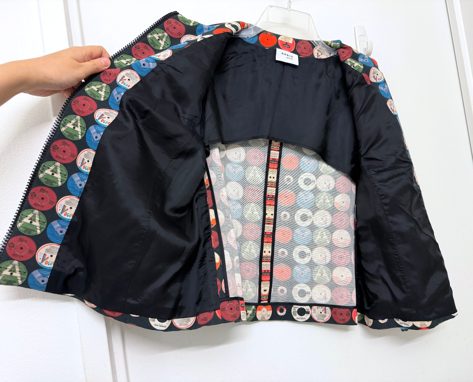 Akris Punto Record Print Jacket Top Dots Circles Vinyl CDs Colorful Full Zip 14