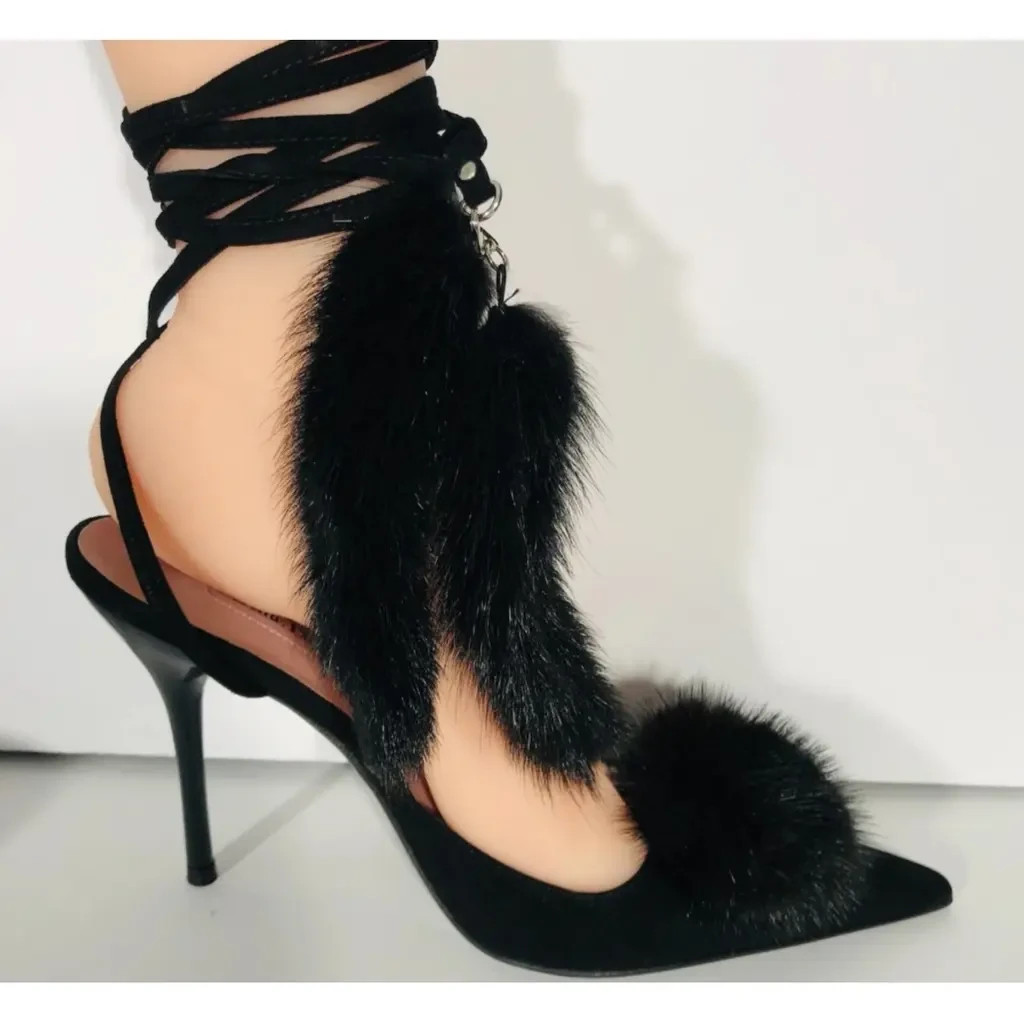 CESARE PACIOTTI Black Suede Pom-Pom Fur Tassels Sandals SZ 7.5 IT 37.5 Excellent