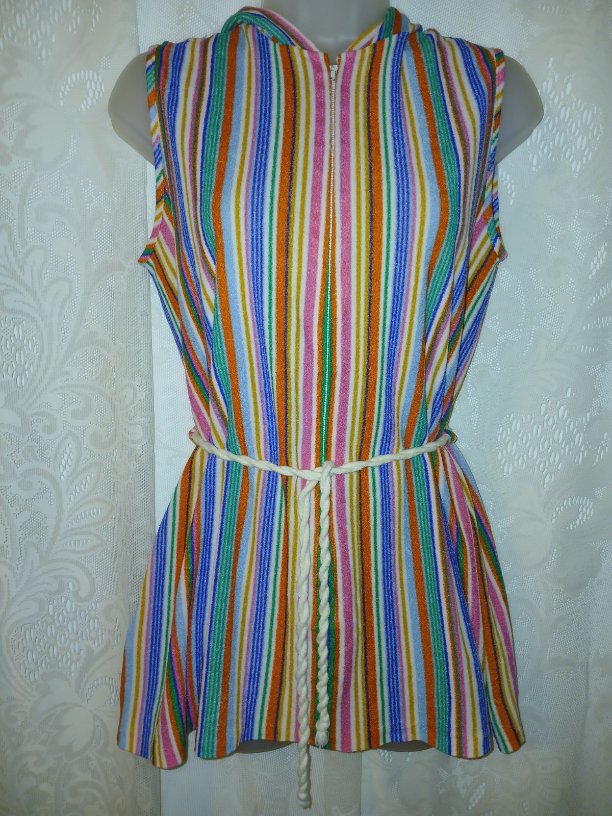 Vintage 70s Terry Cloth Rainbow Stripes Hooded Swim Cover-up Robe Tex M EUC