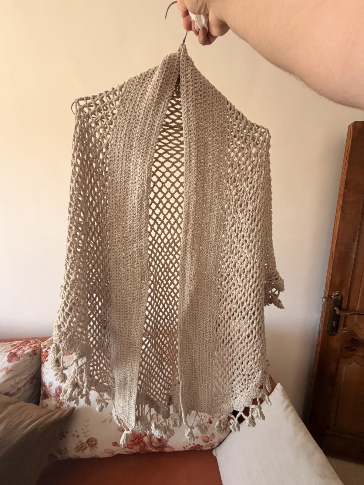 Handmade crochet Shawl Pre Owned Excellent – Color Beige – winter wrap – Long