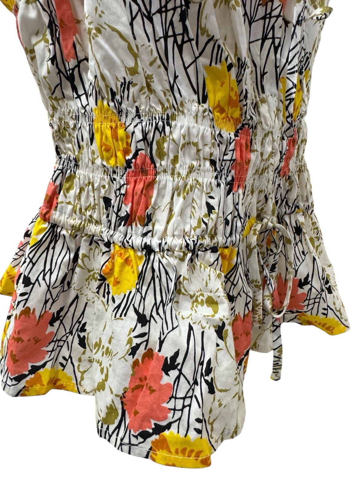 NWT BCBG Max Azaria Floral Coral & Yellow On White Ruched Peplum Tank Top US S