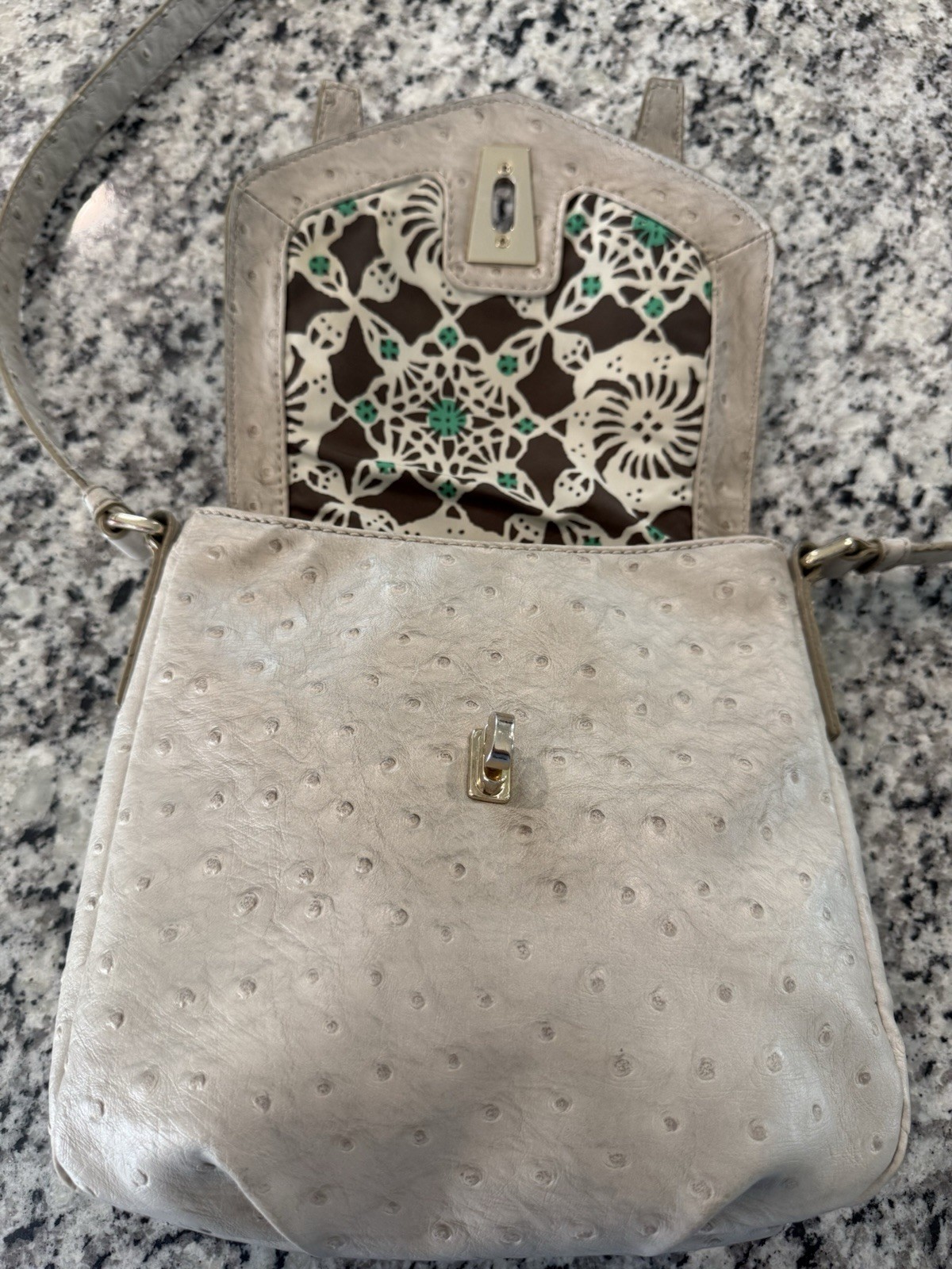 Marc by Marc Jacobs Gray Ostrich Shoulder Bag Turn Lock Buckle Silver Hardware