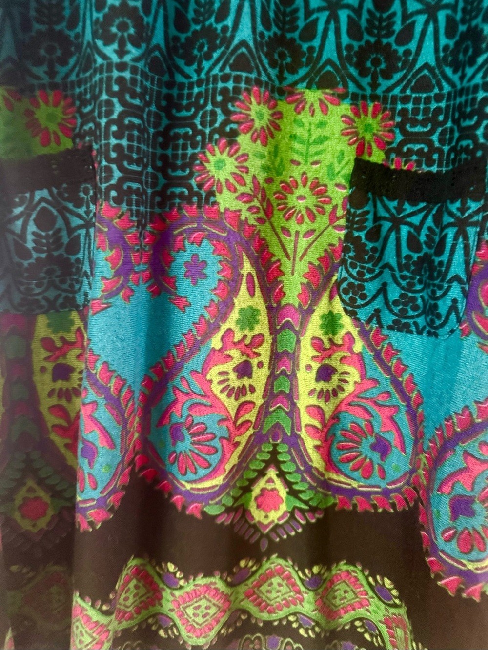 ONYX Boho Paisley Tunic Shift Dress Teal Pink Neon Green Crochet Neck XL