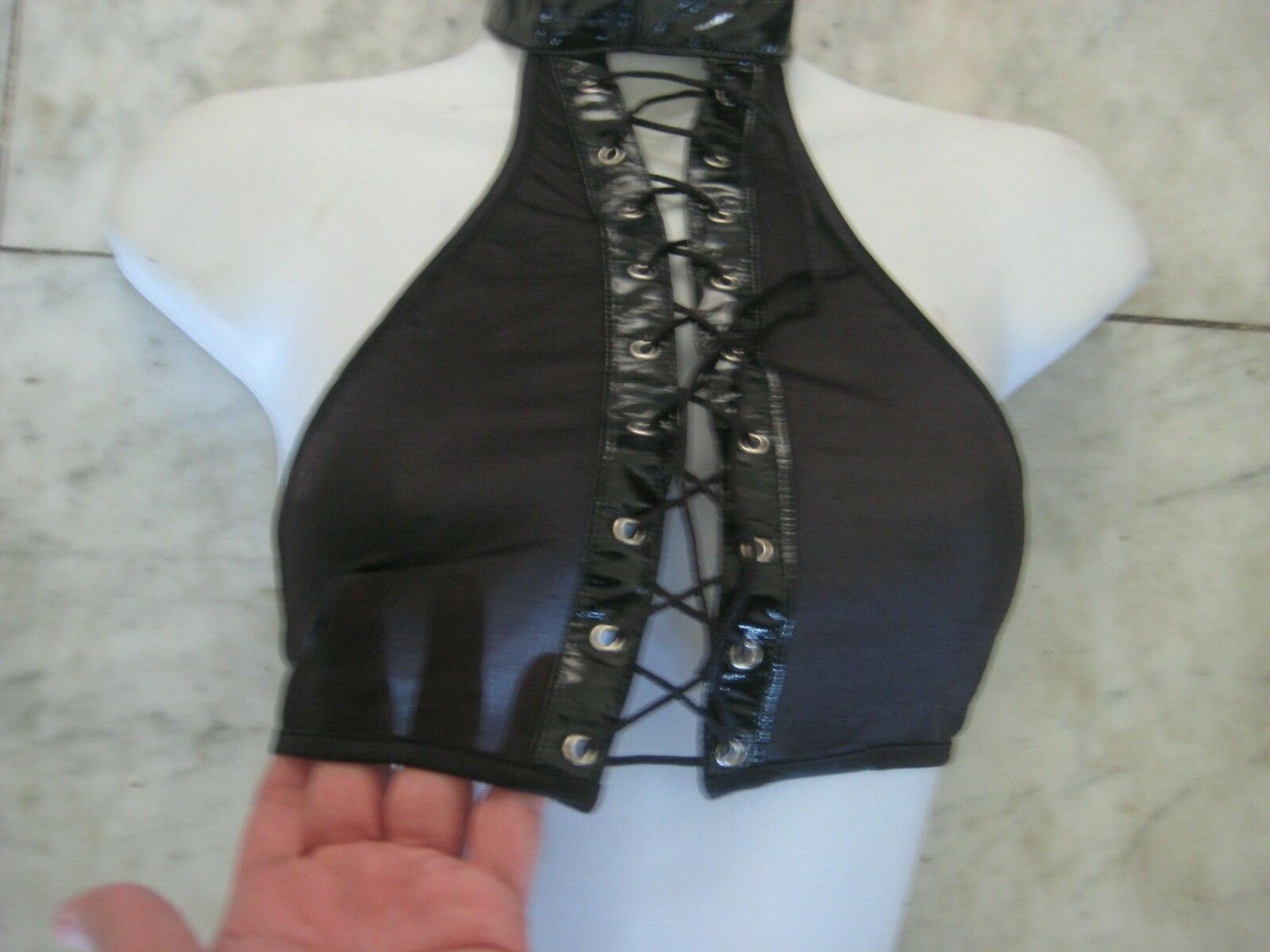 New 2 pc Black PVC / Mesh bra & thong set with Eyelets sexy FREE S&H RARE