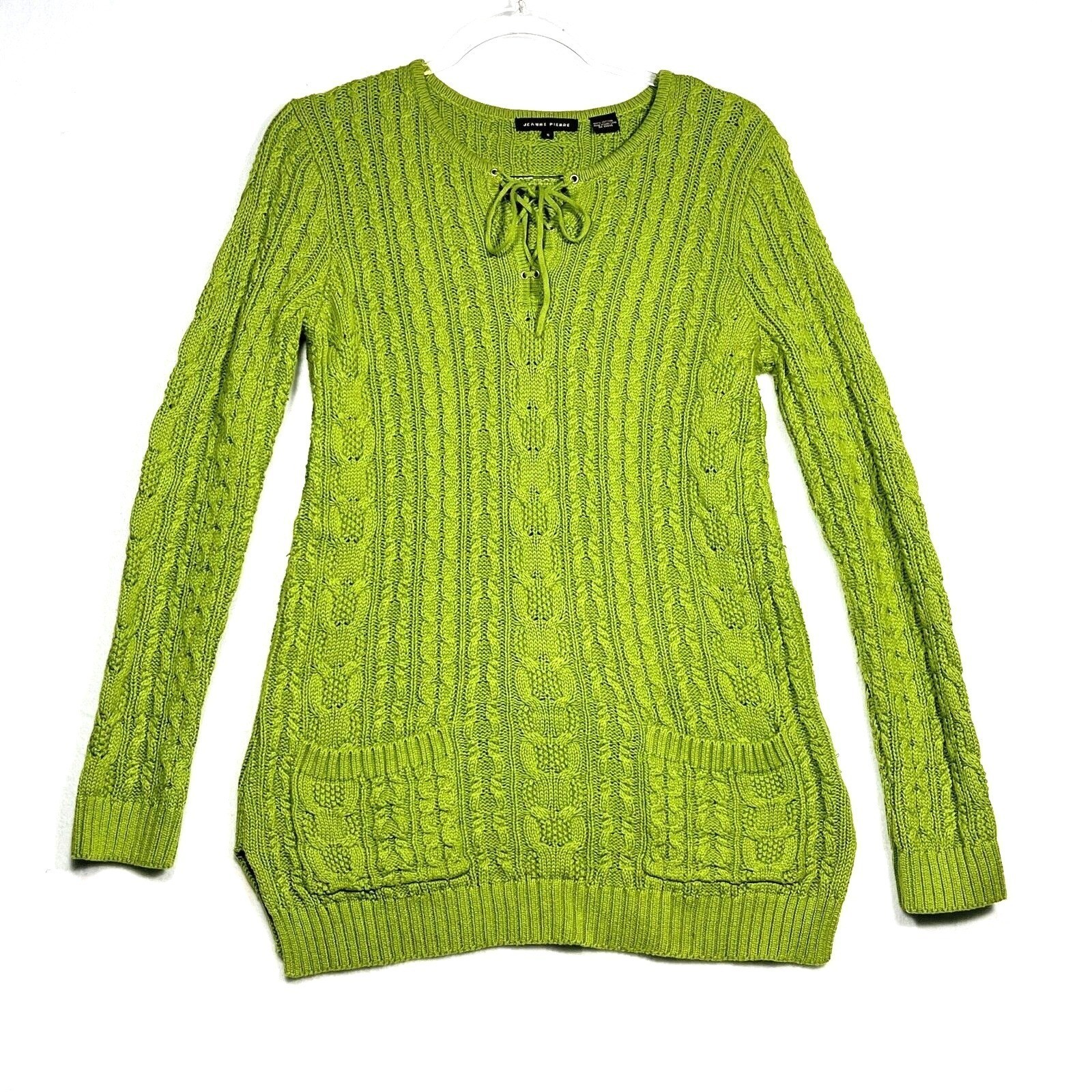 Jeanne Pierre Cable Knit Tunic Sweater Lace Up Green Womens Size Small S Pockets
