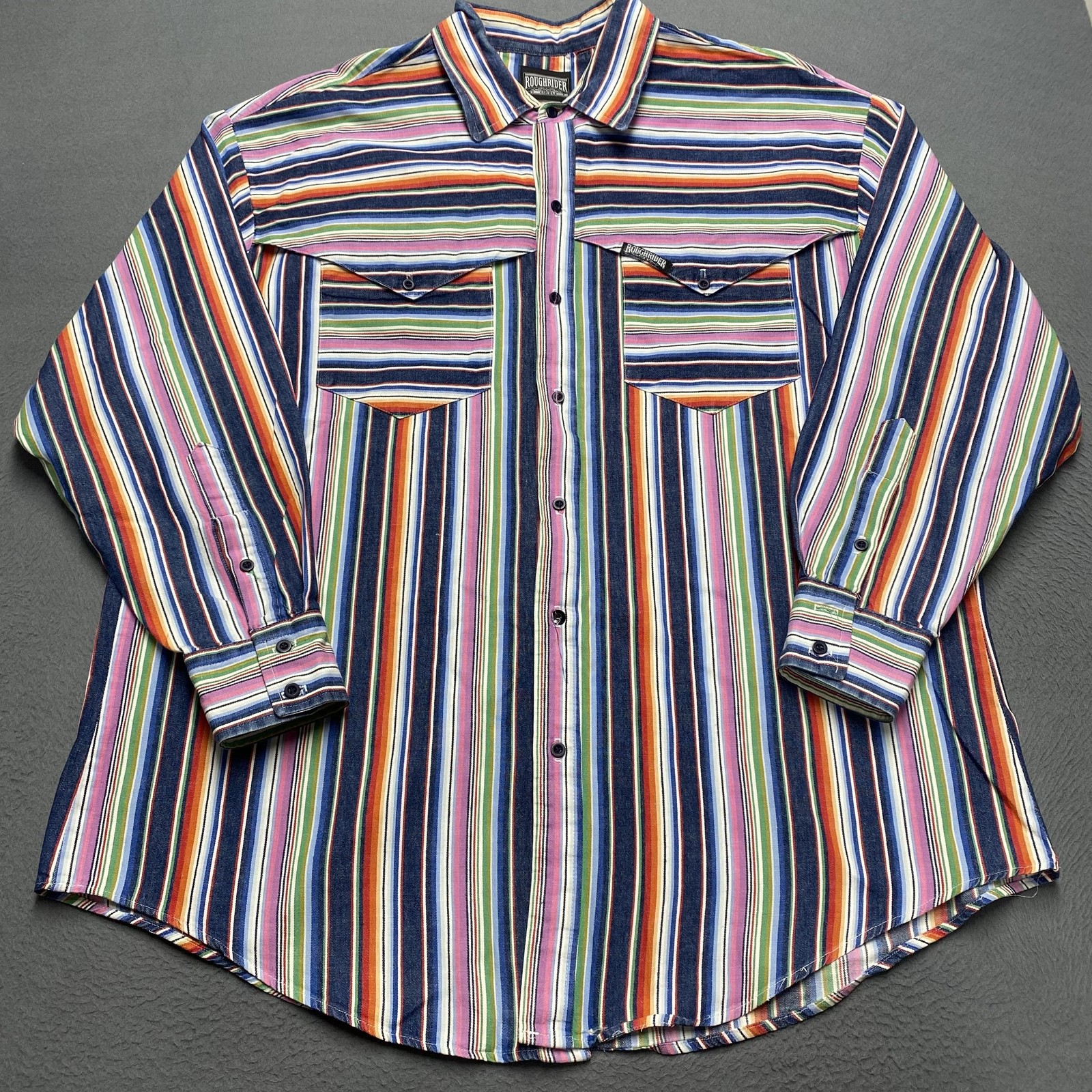 VTG Roughrider Shirt Mens XL Multicolor Stripe Western Brushpopper USA 90s