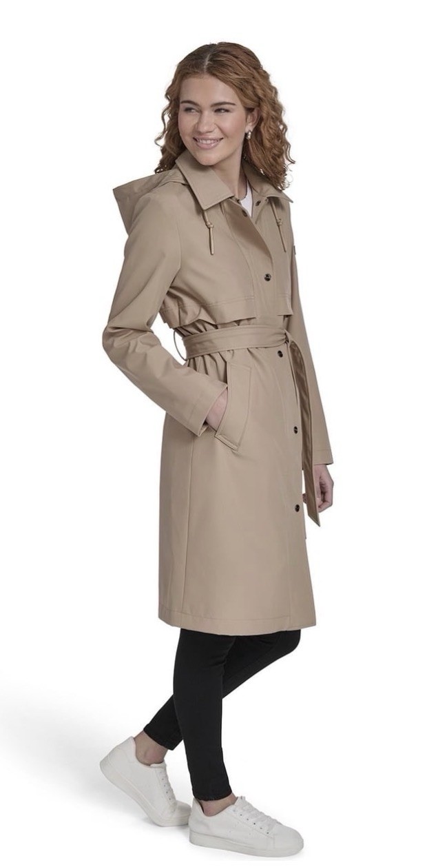 DKNY Women’s Trench Coat, Size Medium Khaki Hooded & Belted Water Resistant NEW