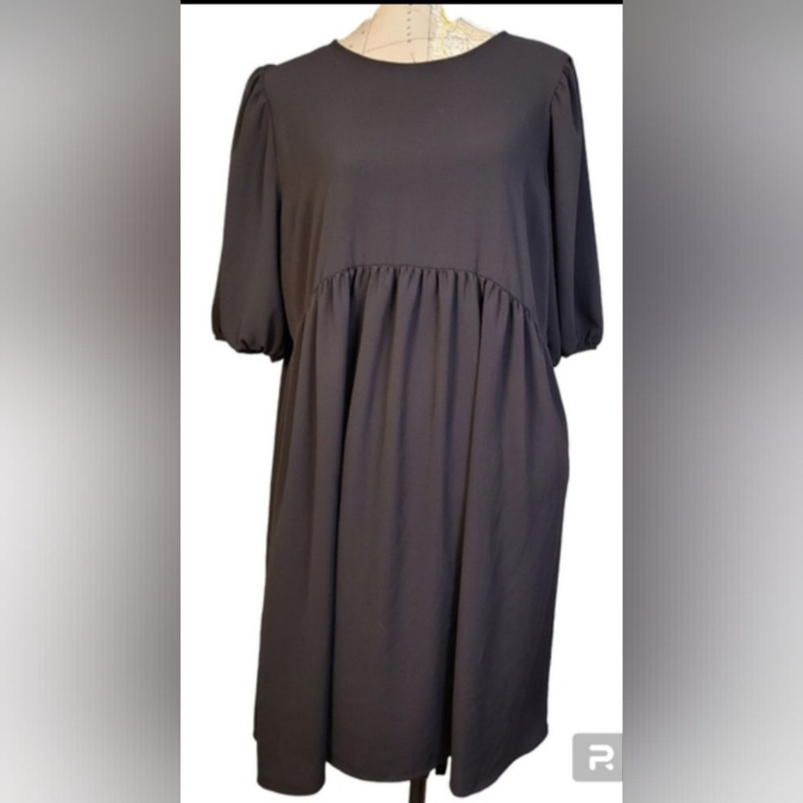 ASOS DESIGN Size 14 Black Short Puff Sleeve Empire Waist Babydoll Mini Dress NEW
