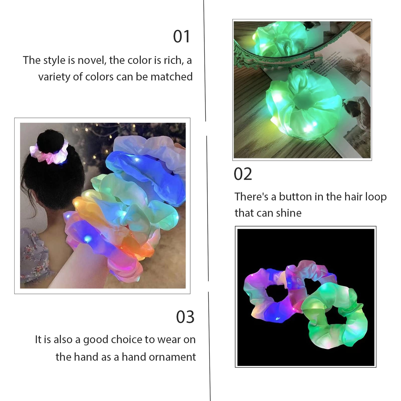 LED Scrunchies, 6 Pcs Light 1 Count (Pack of 6), Blue,Green,White,Pink,Purple