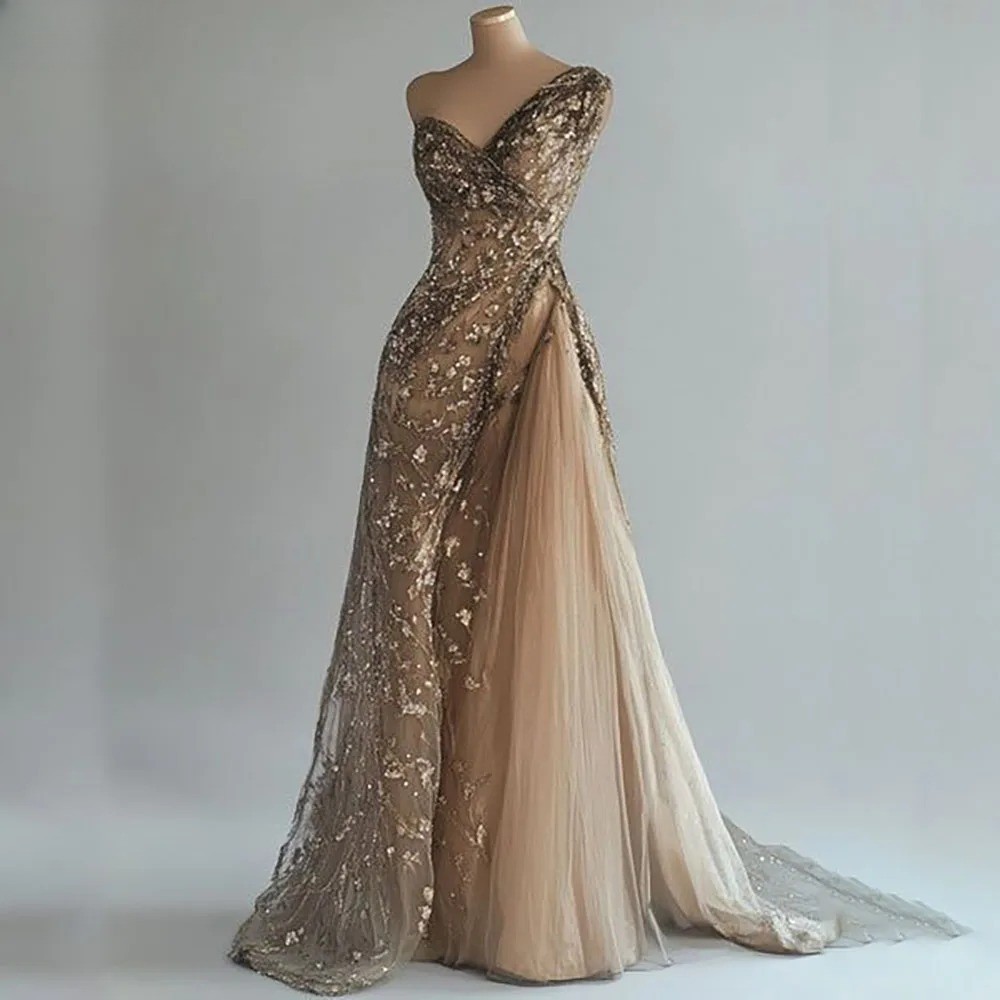 Champagne One Shoulder Sequin Beaded Evening Prom Dresses With Train