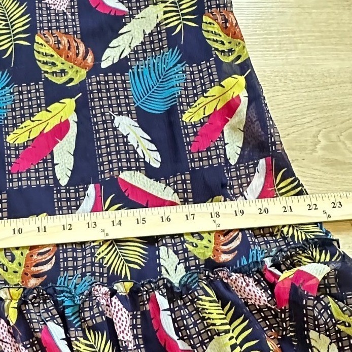 Absolutely Famous Tropical Leaf Feather Cocktail Dress Ruffle M Smocked Neck