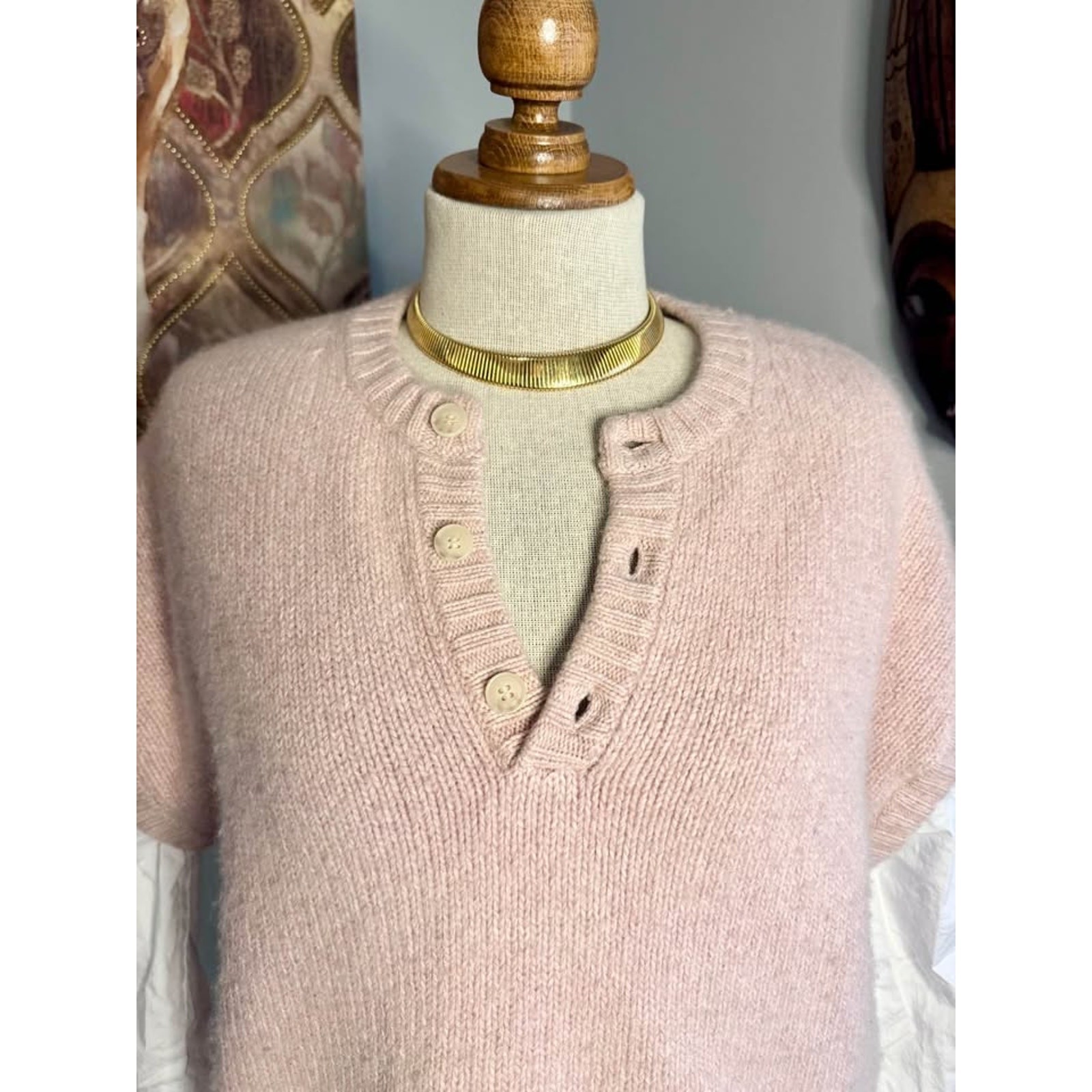 Naadam Cotton/Cashmere Blend Blush Mixed Media Henley Knit Sweater