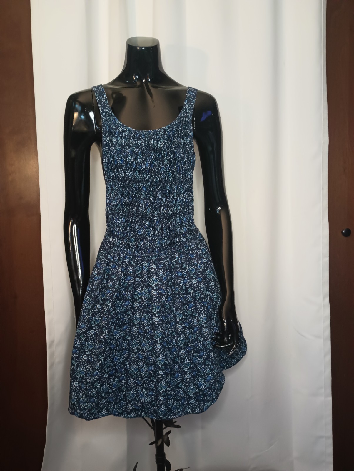 Free People Petunia Mini Dress Small Blue Floral Smocked Flounce Boho Coquette