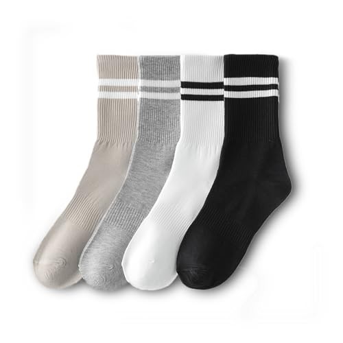Womens Striped Crew Socks，Casual Long Athletic 4pairs-white Black Grey Khaki