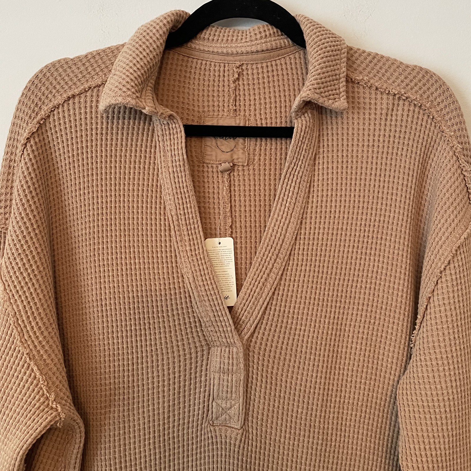 NWT Aerie Waffle Knit Collared Pullover Tan Sz S Oversized Slouchy Travel Lounge