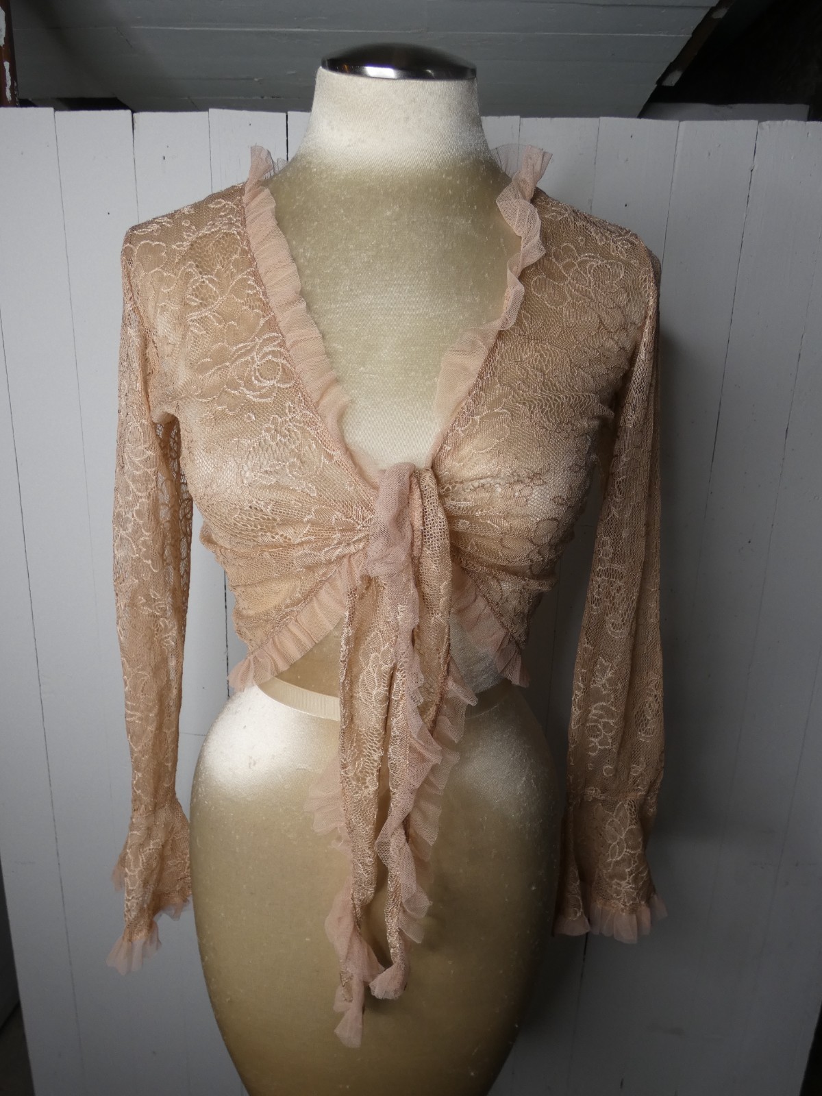 VTG Cejon Women’s S Taupe Lace Cropped Tie Front Shawl Semi Sheer Y2K Bolero