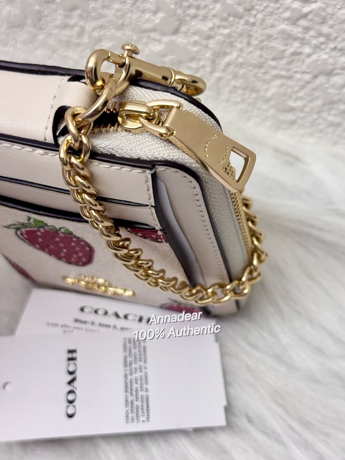 Coach CAR32 Zip Card Case With Strawberry Print NWT Chalk Multi