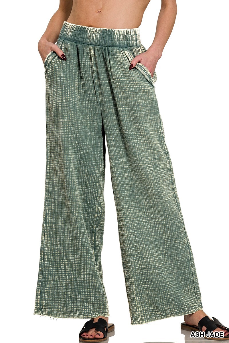 ZENANA ASH JADE WASHED DOUBLE GAUZE FRAYED HEM ELASTIC WAIST PANTS