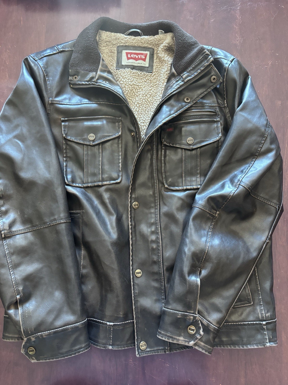 Levi’s Men’s Black Faux Leather Sherpa Lined Short Jacket Stand Collar Zip M