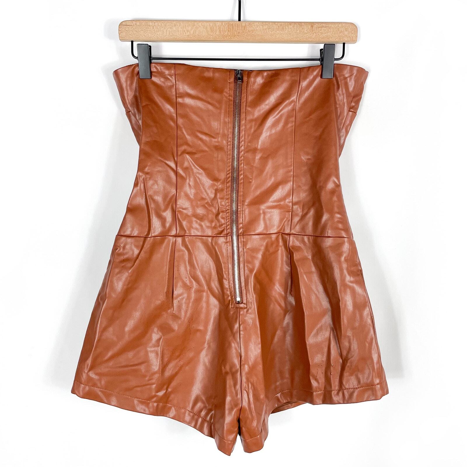 Superdown Briar Faux Leather Romper Brown Strapless Vegan Sz M