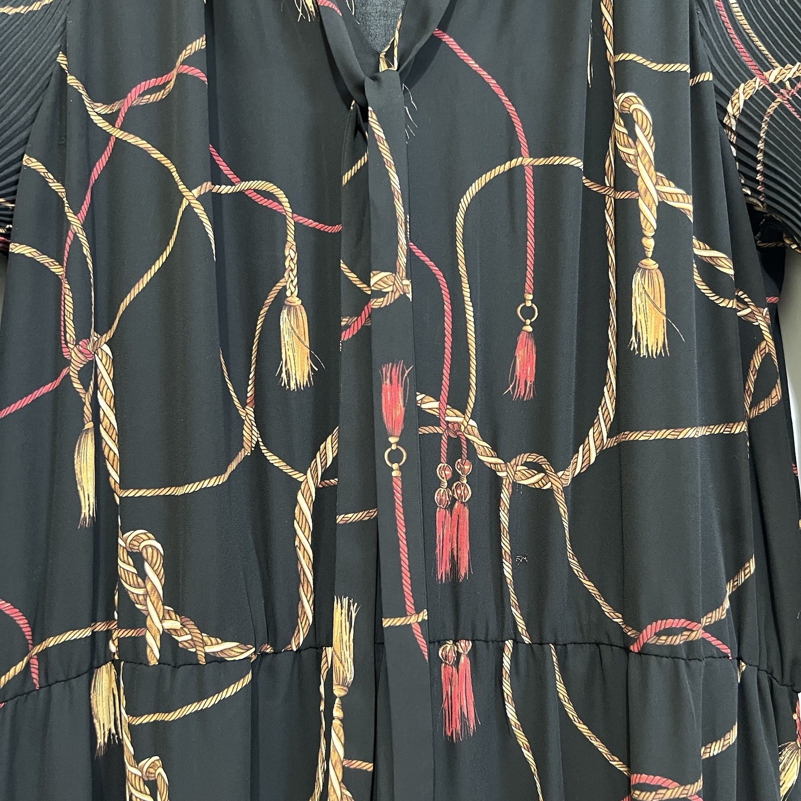 Lauren Ralph Lauren Black Tassel-Print Georgette Tie Neck Midi Dress Size 14