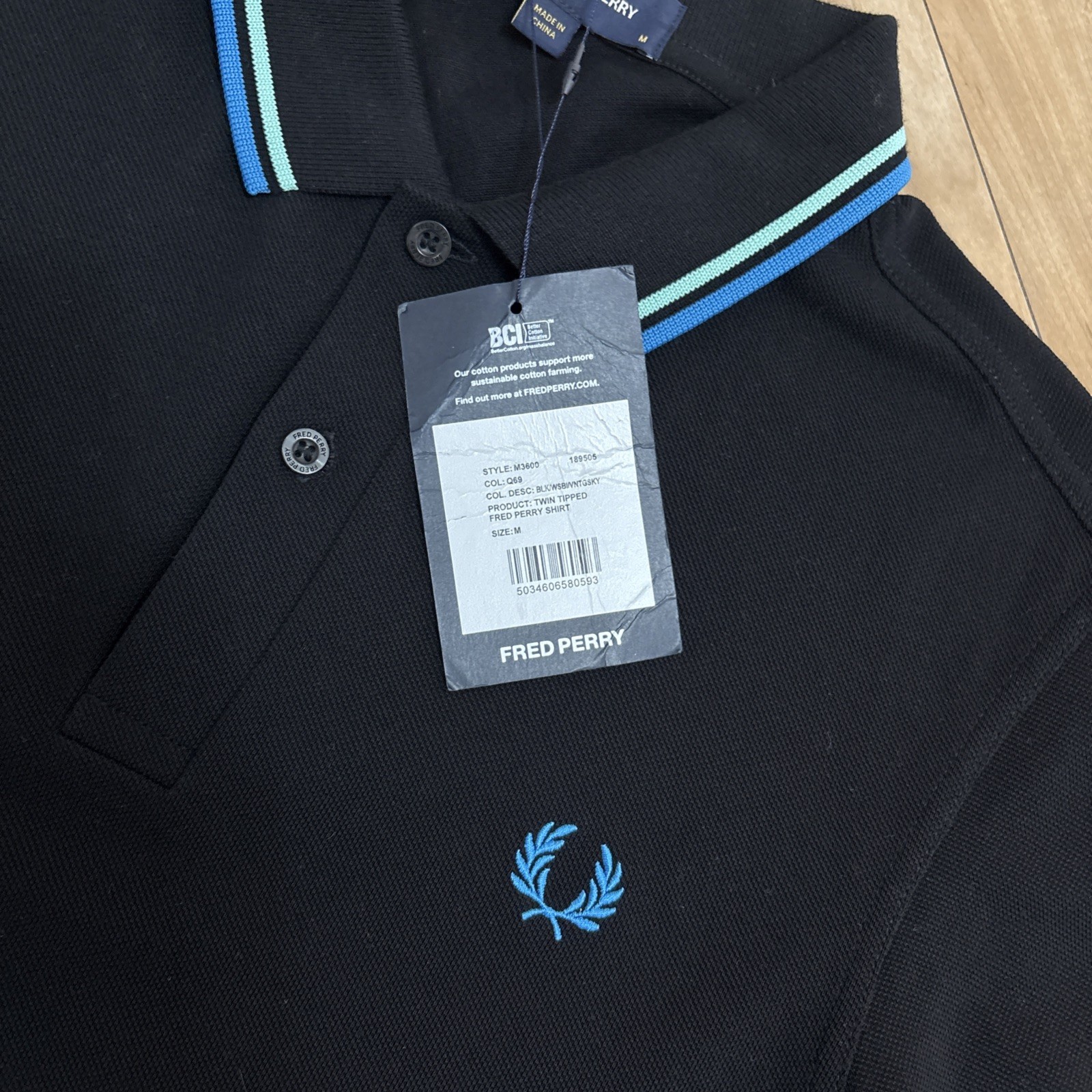Fred Perry Twin Tipped Polo Shirt Mens Medium Black Blue M3600 Mod 60s Ska BNWT