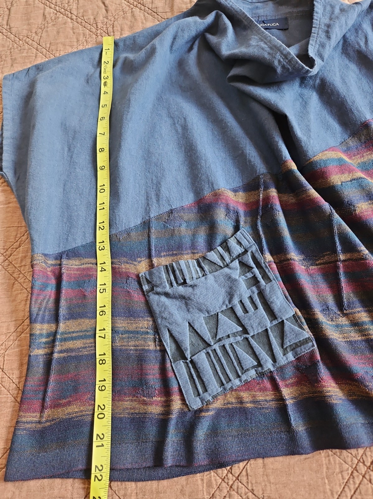 FUGA FUGA O/S Blue/Multi Linen Blend Mixed Media Boxy Cropped Top Mesh
