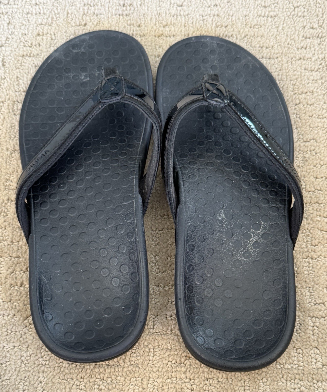 Vionic Zuma Flip Flop Sandal Black Patent Size 10 Wedge Orthotic Comfort