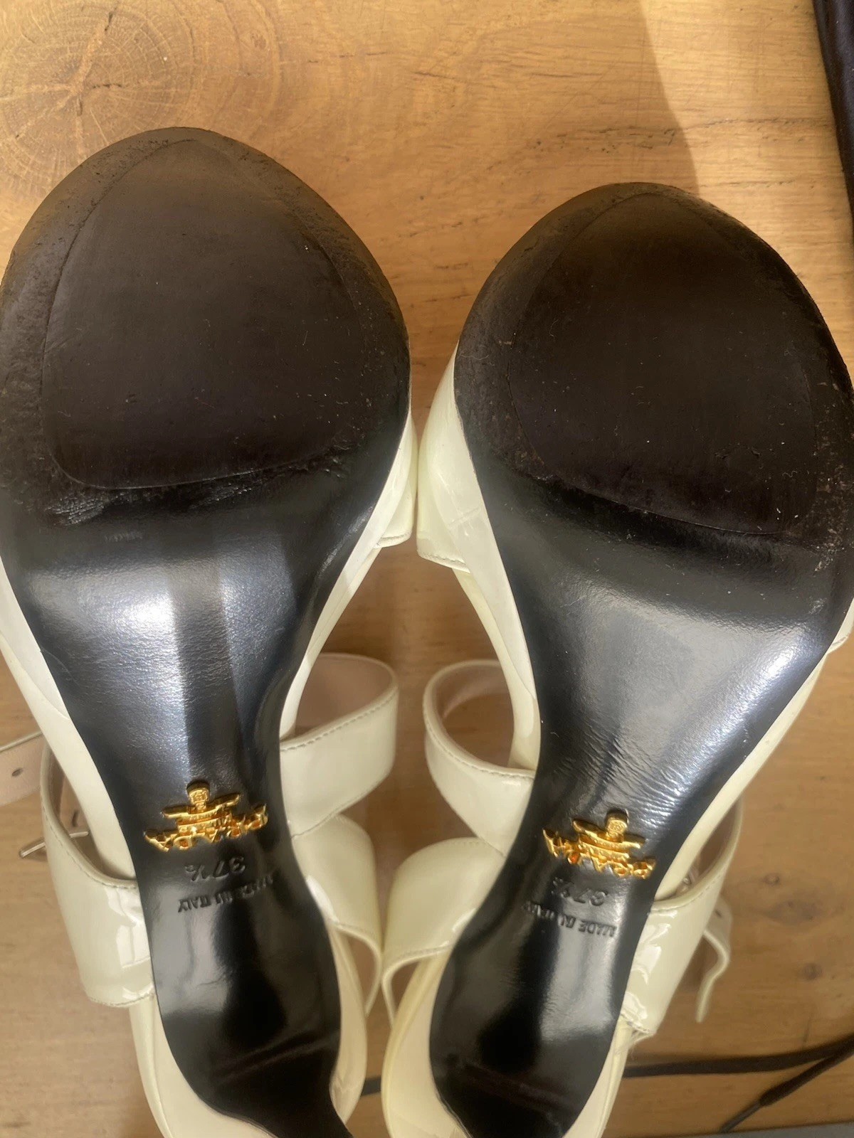 PRADA Leather Stiletto Strappy Sandals Heels 12cm in Bianco/cream 37.5 Aus 6.5