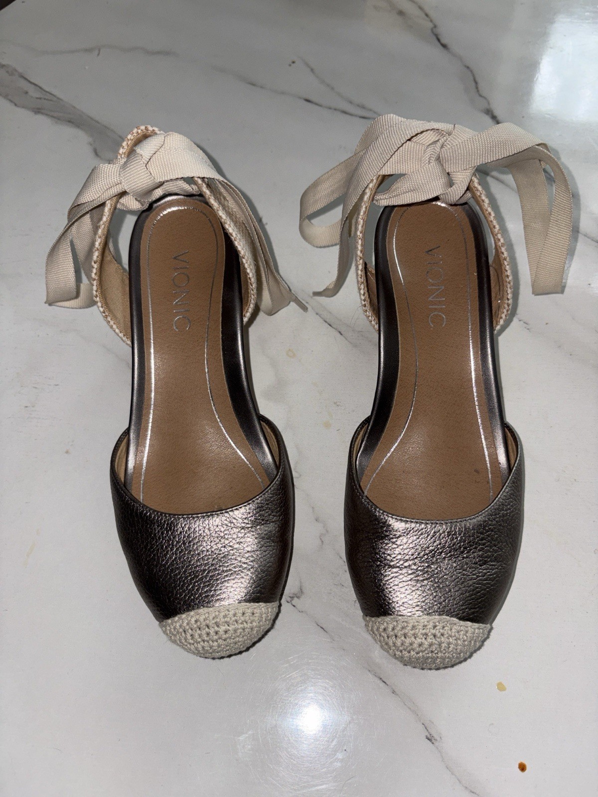 Vionic Metallic Bronze Espadrille Wedges with Cream Ankle Ties