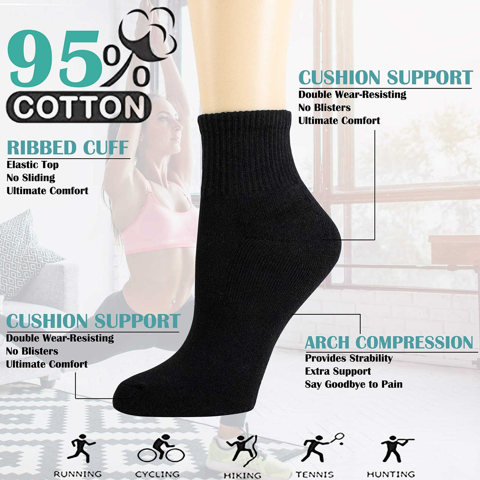 NevEND 6 Pairs Women’s Mini Crew/Ankle Cotton Athletic Socks Medium, Black