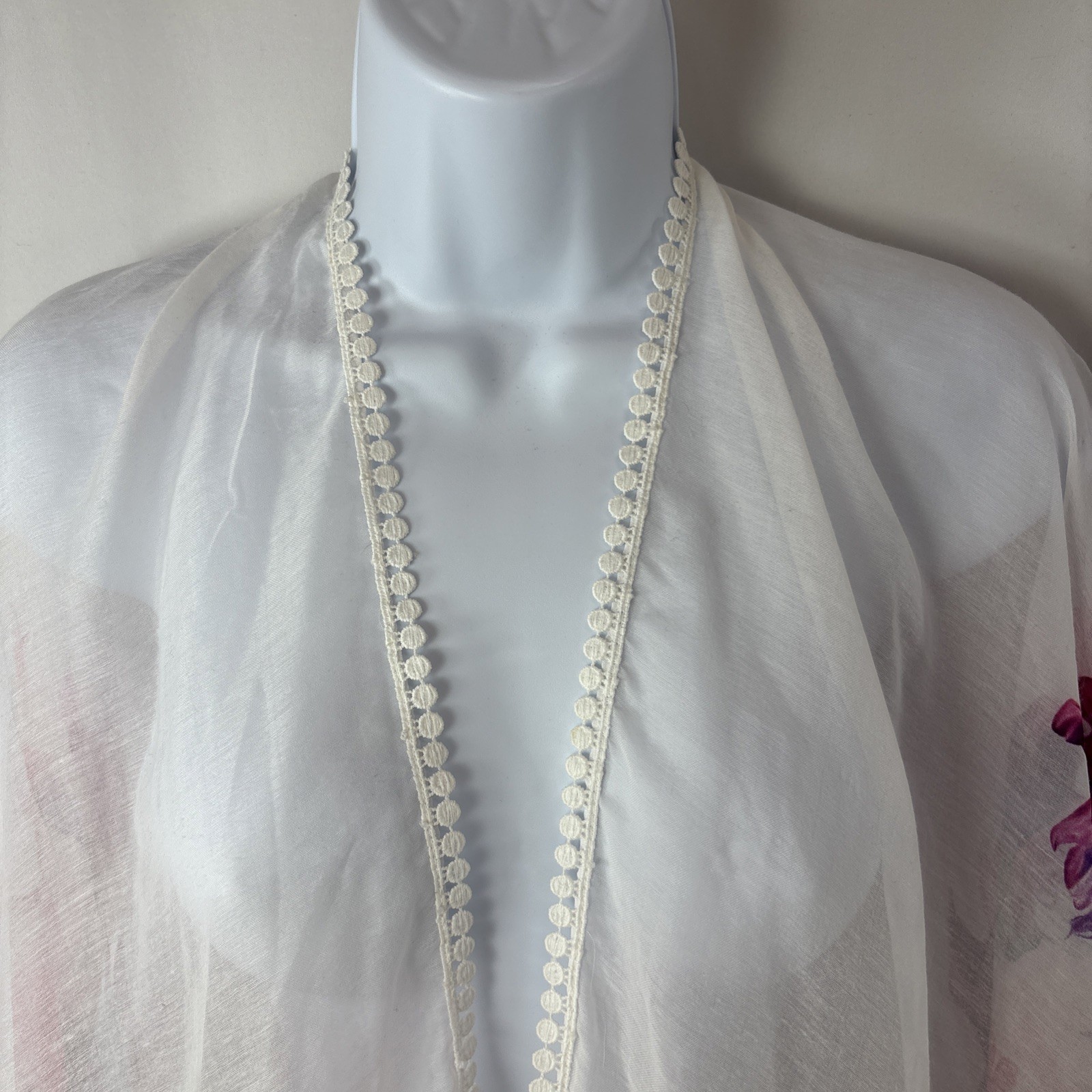 Womens Sheer Floral Kimono Cover Up White Watercolor Open Front Beach Swim OS