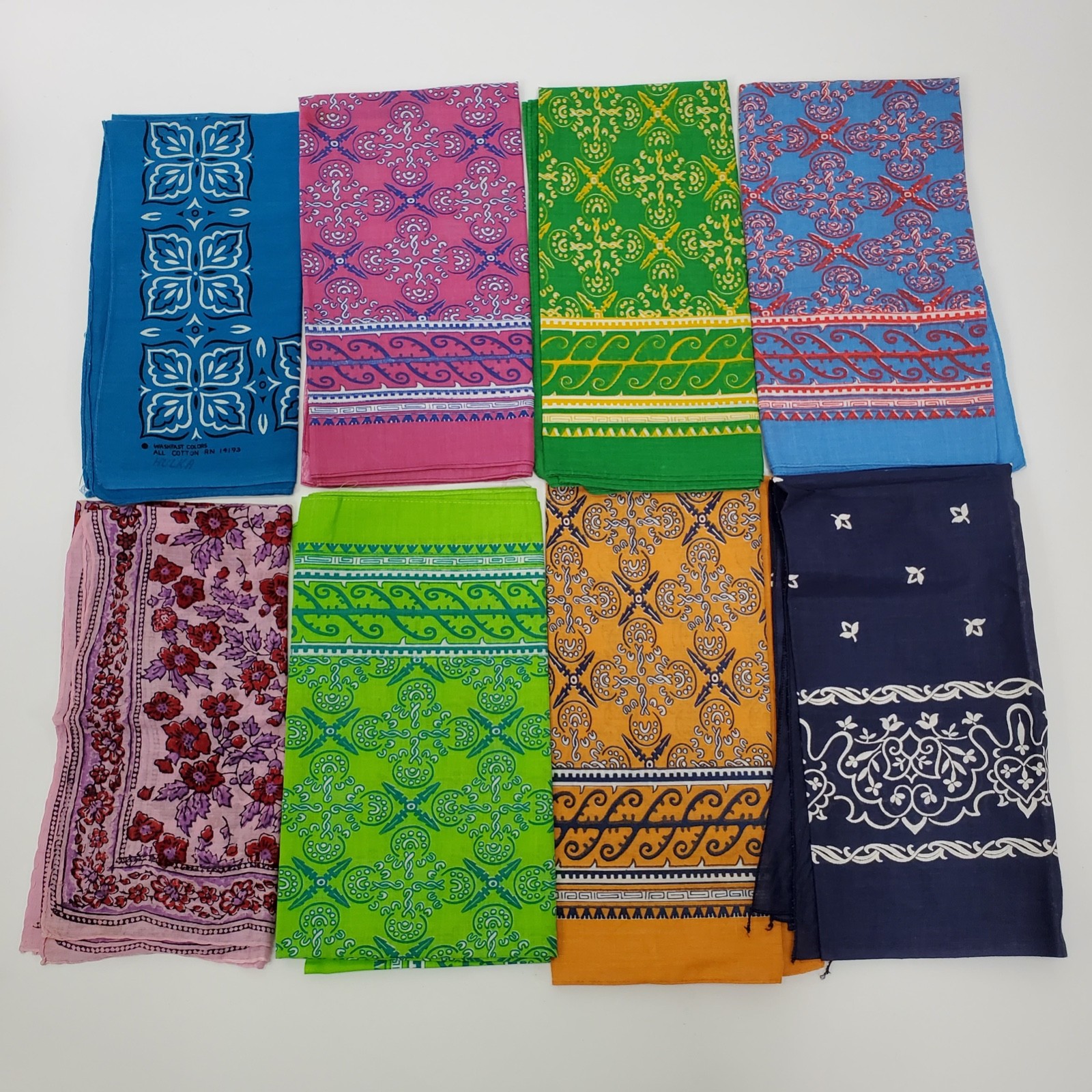 Vintage Lot of 8 Ajrakh Indian Block Print Cotton Bandanas 22″ x 21″