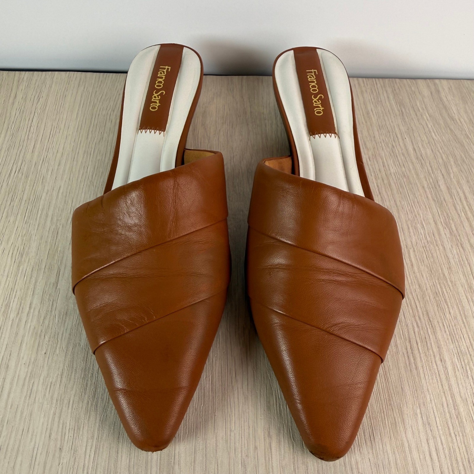 Franco Sarto Women Cognac Brown Leather Pointed Toe Cork Block Heel Mules Size 6