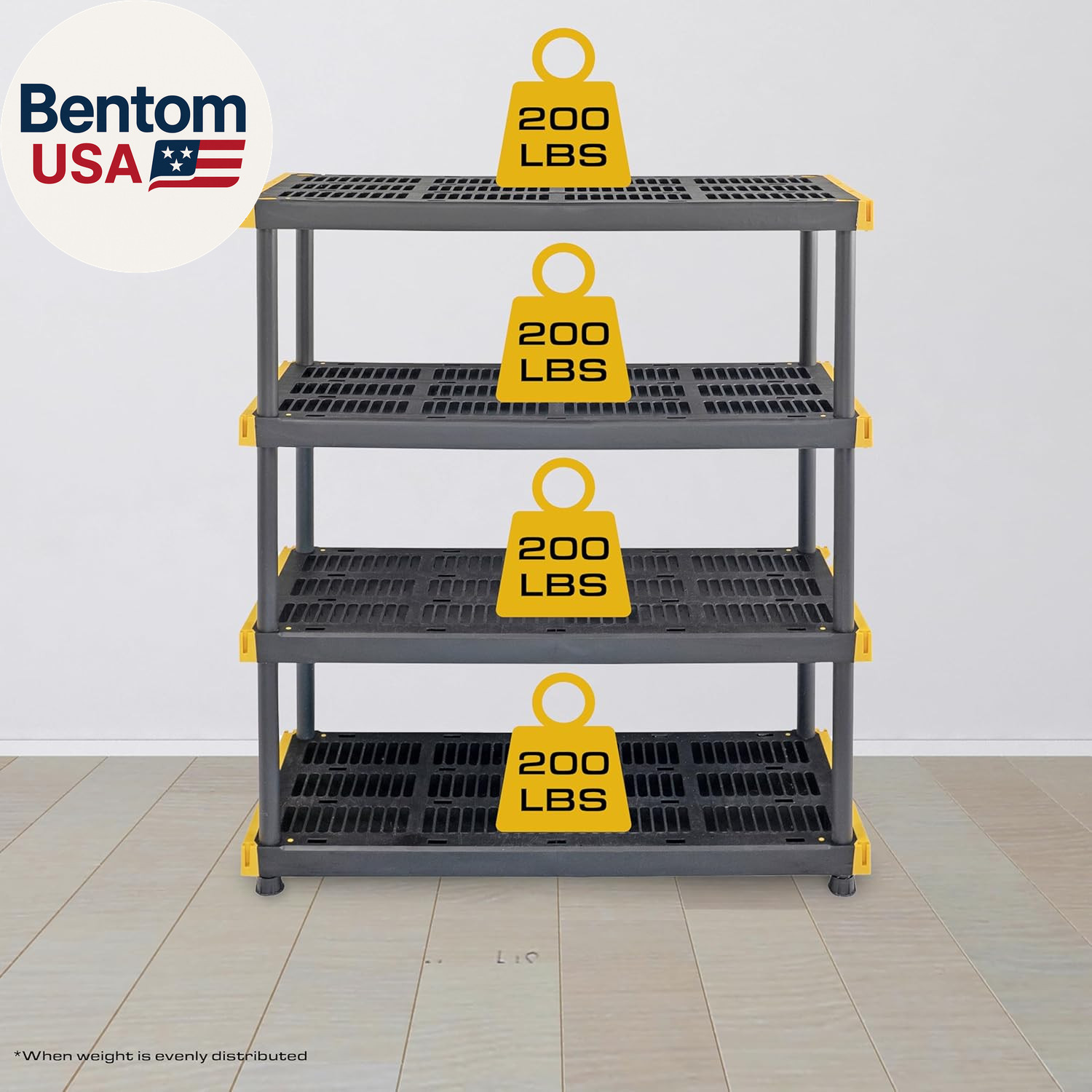 Black & Yellow, 4-Tier Heavy Duty Plastic Storage Shelves That Support up to 200