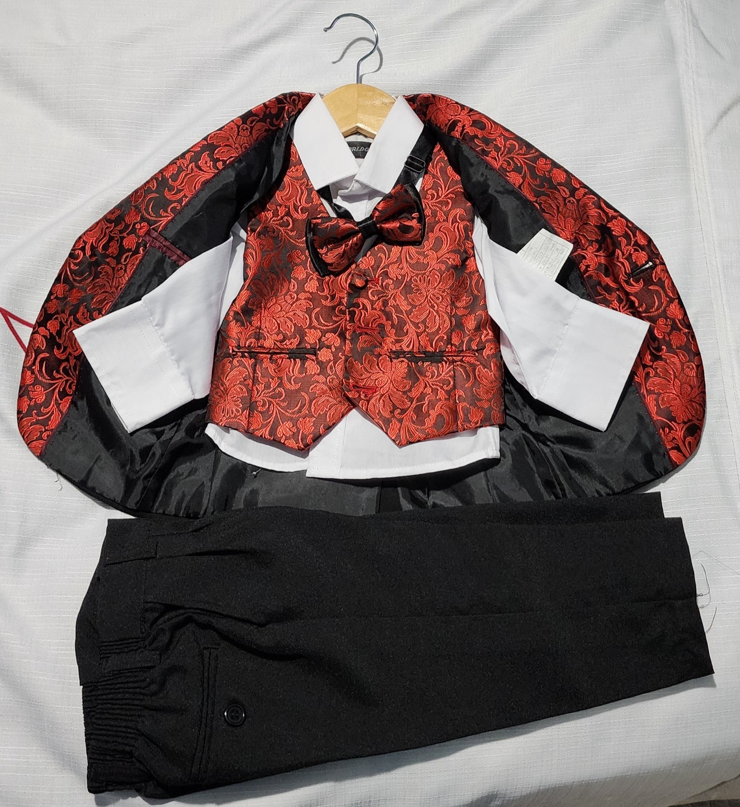 Kids World of USA Boys 5pc Black Red Paisley Tuxedo Suit Set size 1 year