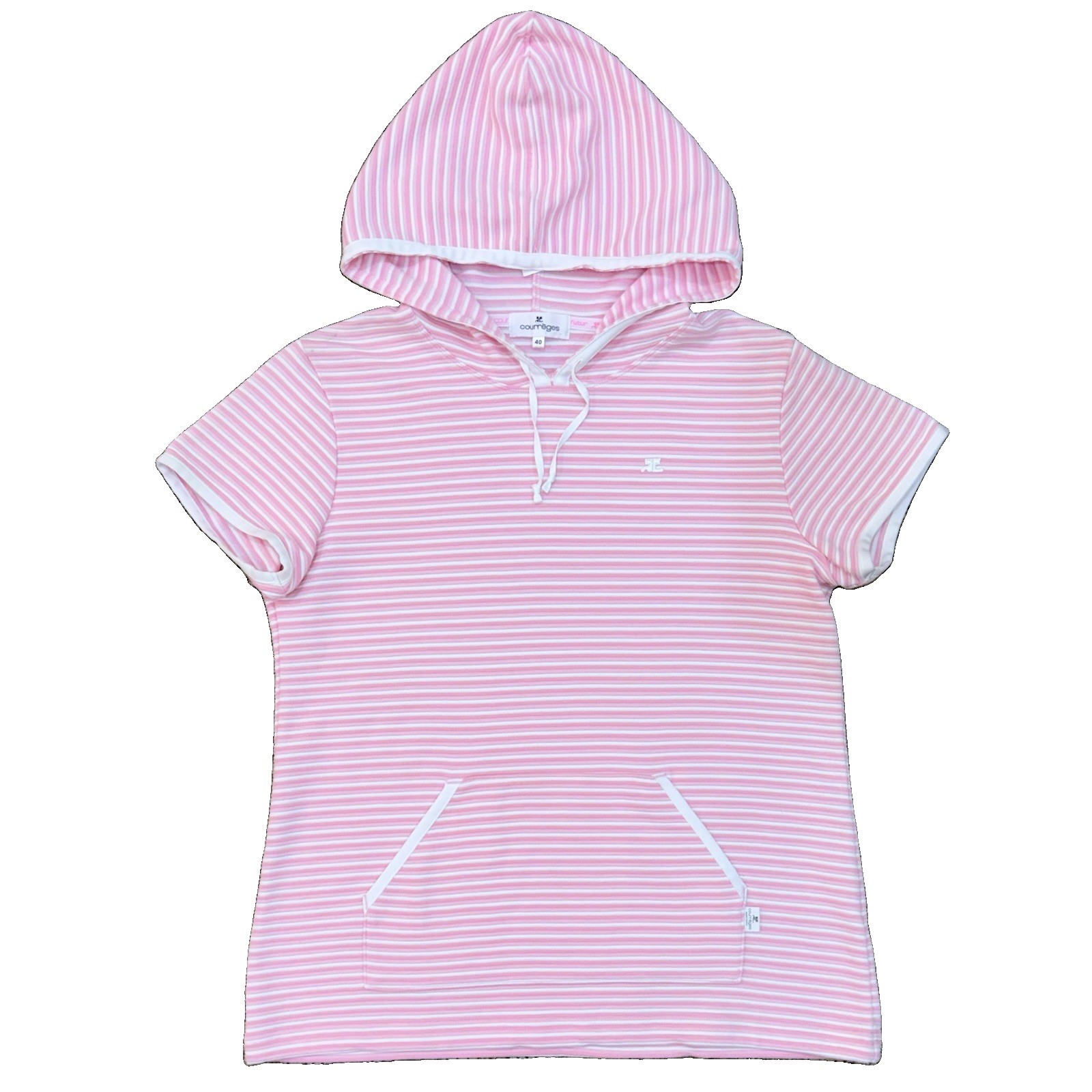 Courreges Vtg Short Sleeve Top Hoodie Pullover Stripe Logo Pink/white T Shirt M