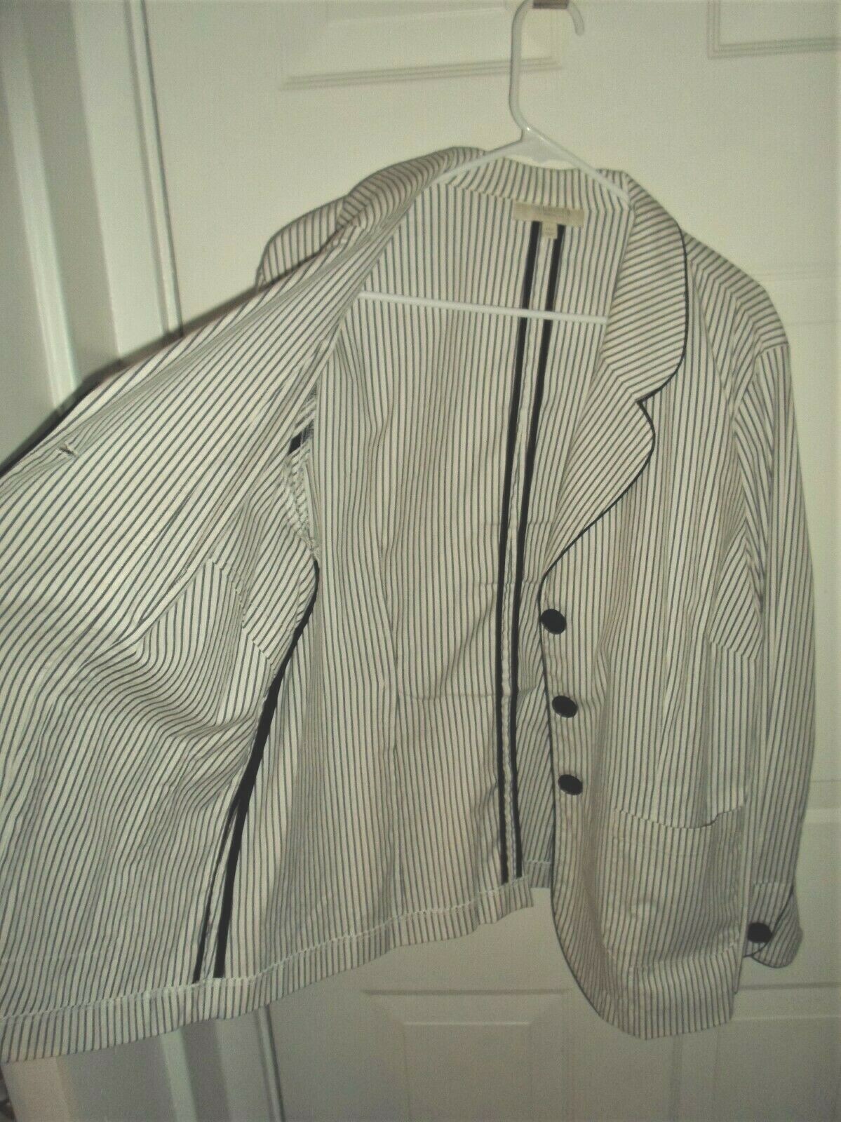 TALBOTS Sz 14W Cotton Spandex LS Gray & White Striped JACKET BLAZER 3-Button