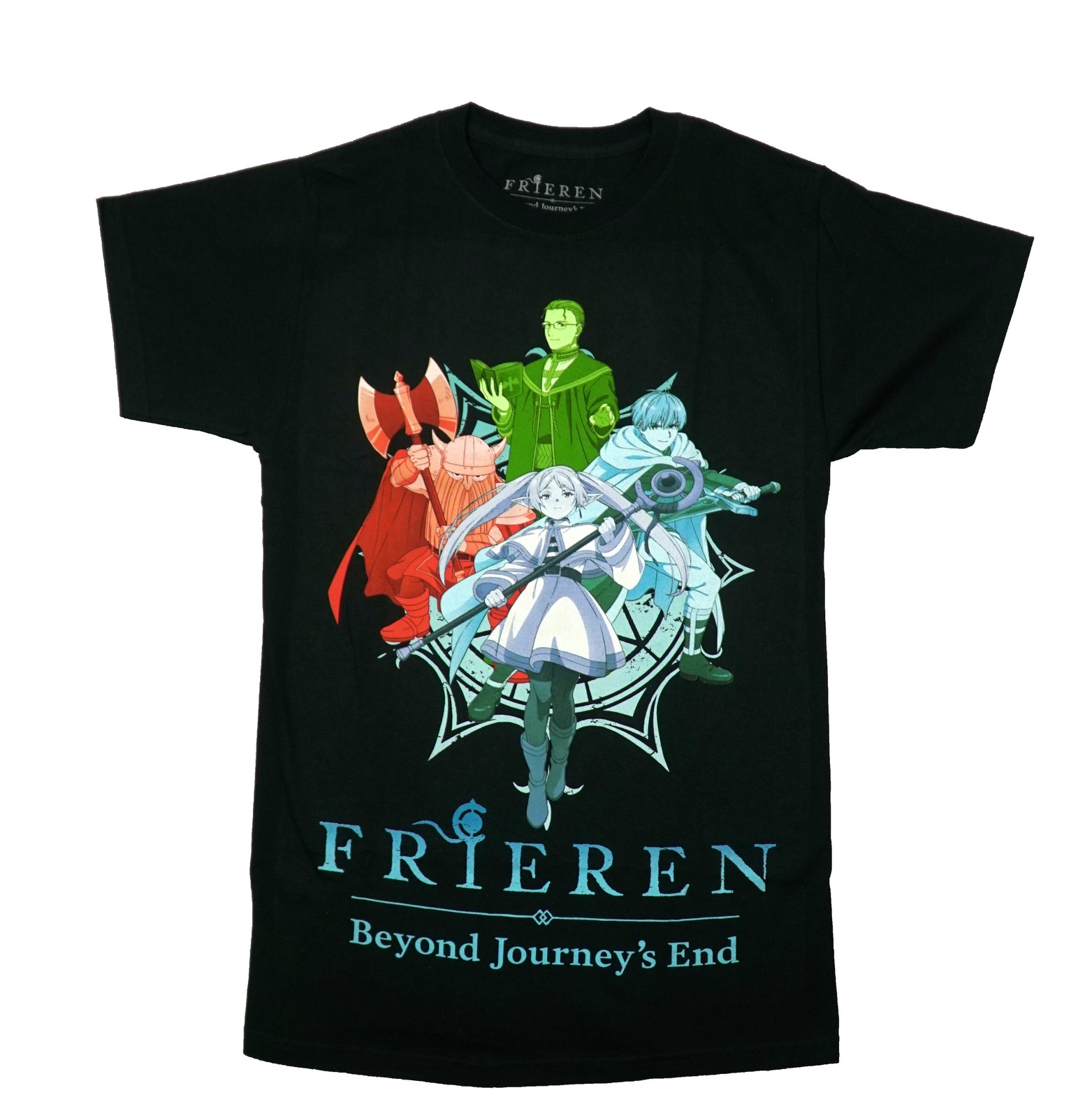 Frieren Beyond Journey’s End Mens T-Shirt – Colorful Full Color Group Over Logo