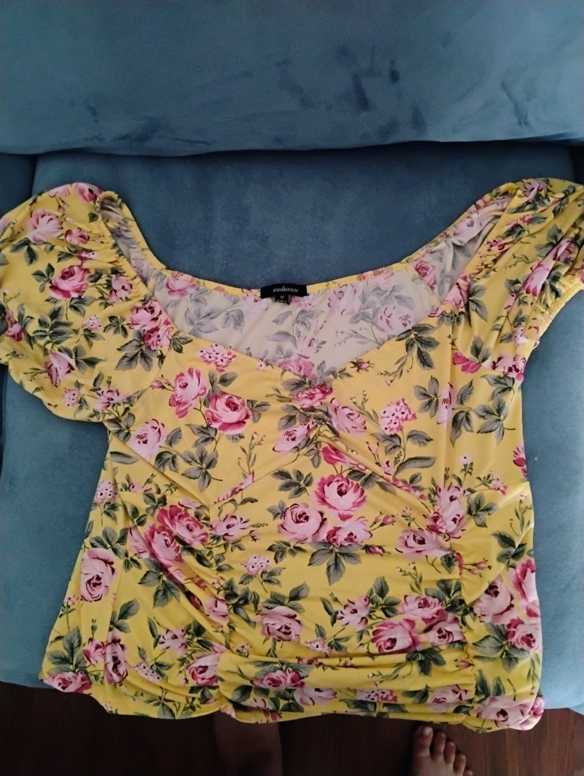 Ambiance Yellow Floral Off Shoulder Ruched Short Sleeve Knit Pullover Top 1X