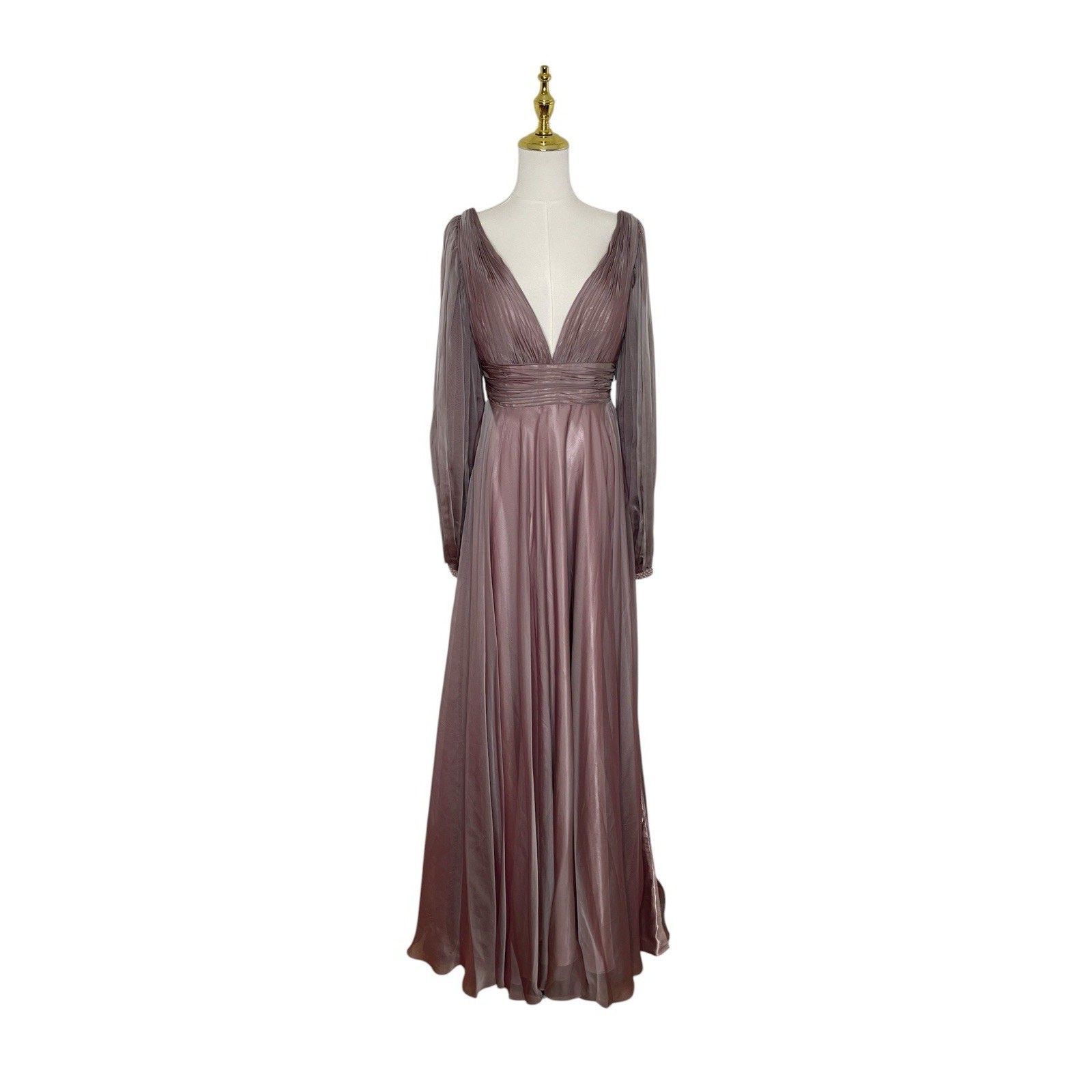 Mac Duggal 67414 Mocha Chiffon Gown Cutaway Sleeve Beaded Cuff Size 8 $598