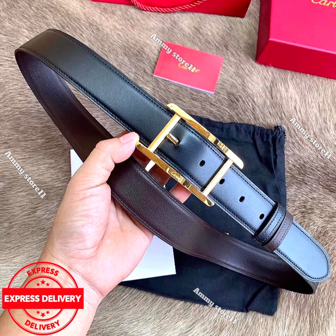 CARTIER Black Leather Belt Gold Buckle Luxury Designer Men’s