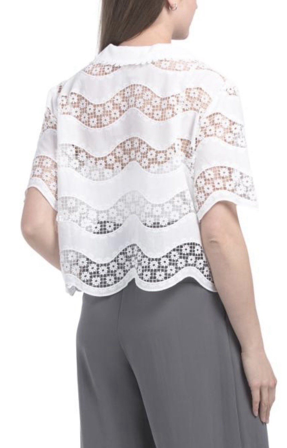 Ultra Pink Floral Lace Collared Button Front Blouse S Short Sleeve Scalloped Hem