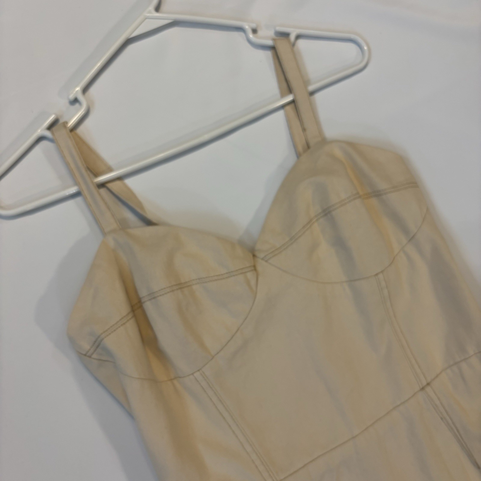 Sincerely Jules Beige Cotton Twill Midi Sheath Dress Fringe Sweetheart L D-137
