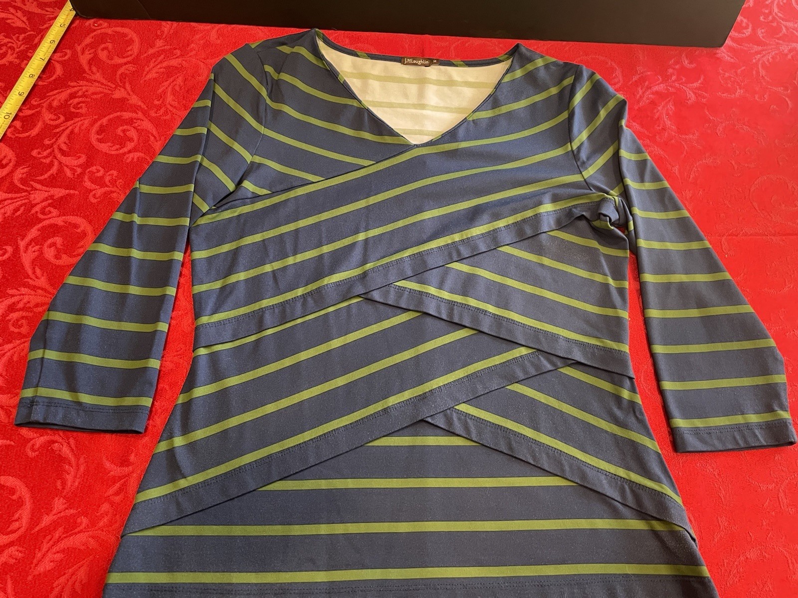 J. McLaughlin Blue w Green Stripes Catalina Cloth Layers In Front Sz Med 3/4 Sle
