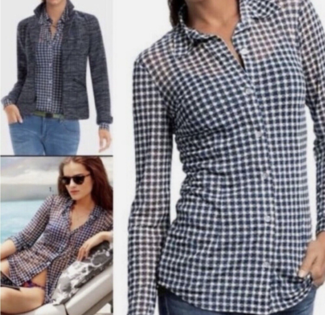 CAbi Blue White Collared Button-Down Long Sleeve Shirt Women’s M