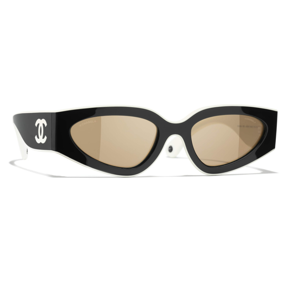 Chanel CH6056 54mm Cat Eye Sunglasses in Black and White with Beige Lenses