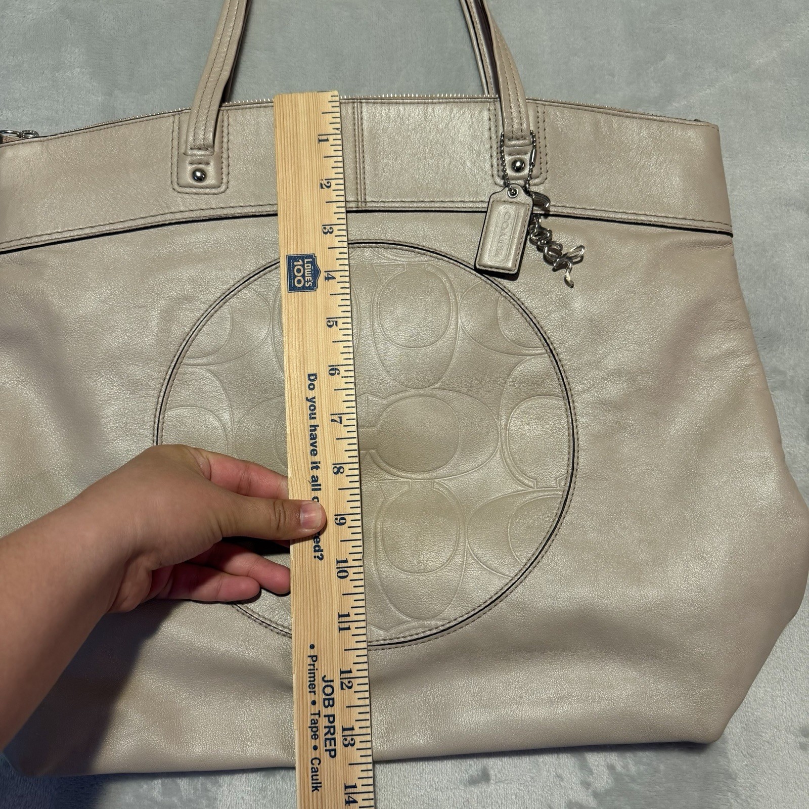 Coach Laura Signature Embossed Leather Tote Bag Taupe Gray Purse Handbag F18336