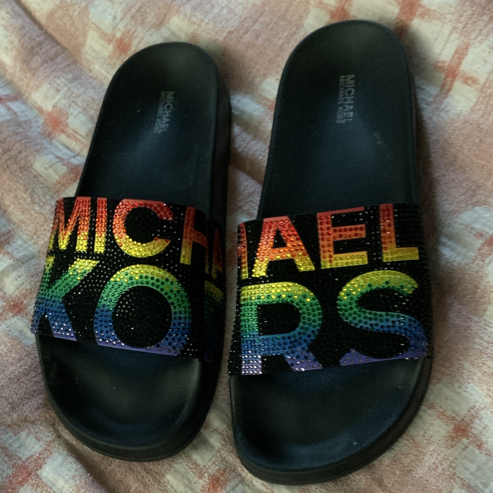 Rainbow Michael Kors Women’s Slide Sandals Black/Multi Logo Rhinestone size 9/10