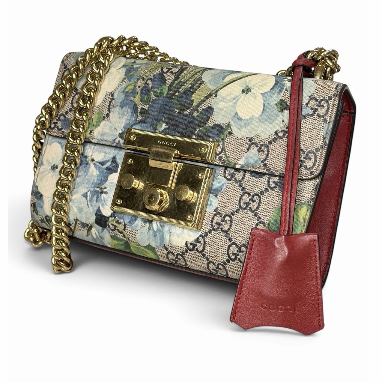 Gucci Small Padlock GG Blooms Shoulder Bag Blue Floral Red Leather Gold Chain